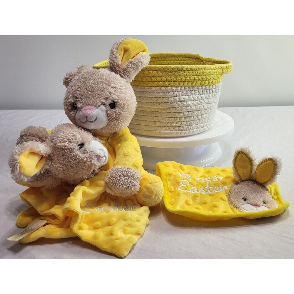 My First Easter Yellow Bunny Rabbit Rattle Plush Lovey Blanket Bib Basket Baby
